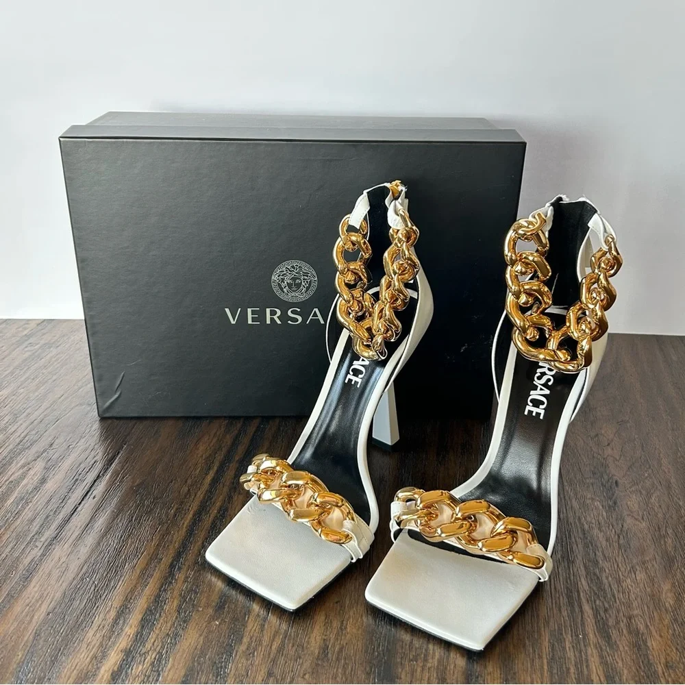 Versace Authentic White And Gold Medusa Chain Leather Sandals Heels Womens 8 - Picture 2 of 16